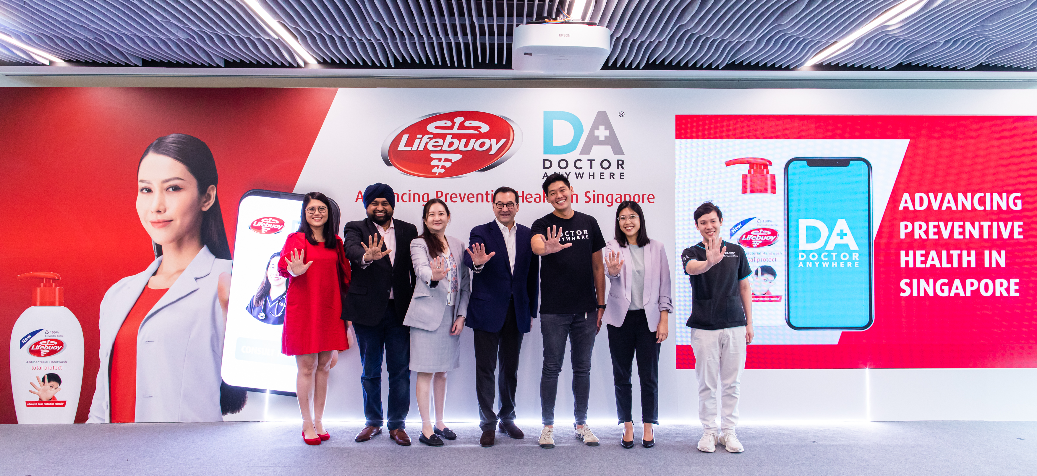 The ceremony was held at @one-north Unilever campus, the APAC headquarters for the global multinational company. From left to right, Poh Yin Khim, Global Lead Lifebuoy, Samir Singh, Global CMO Personal Care and CEO Singapore, Unilever, Fong Pin Fen, Vice President & Head, Consumer, Economic Development Board, Fabian Garcia, President of Personal Care, Unilever, Lim Wai Mun, Founder & CEO of Doctor Anywhere, Audrey Loke, Director, Enterprise Singapore and Dr Raymond Ong, Senior Doctor, Doctor Anywhere
