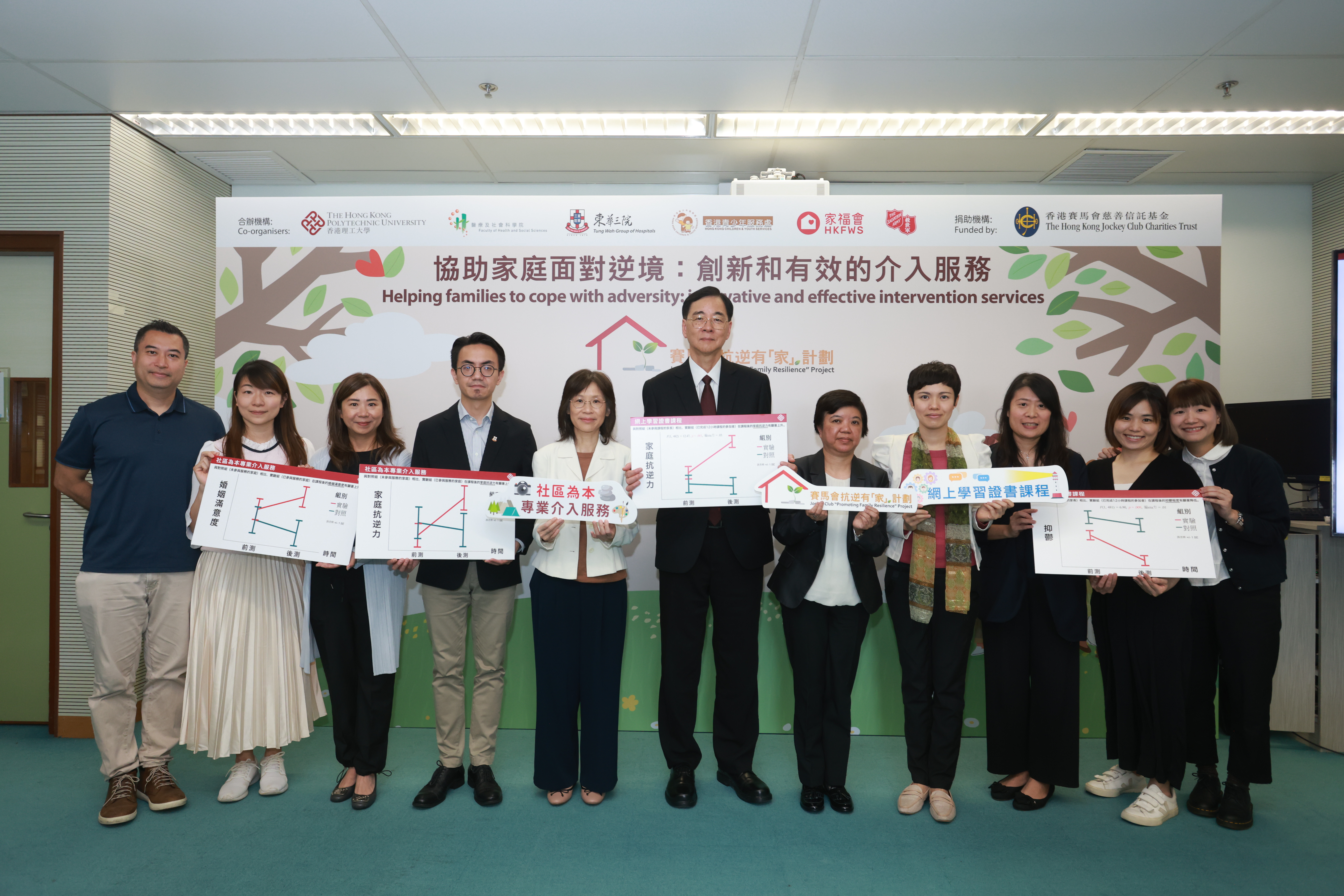 PolyU, with the support of The Hong Kong Jockey Club Charities Trust, has partnered with Hong Kong Children and Youth Services, Hong Kong Family Welfare Society, The Salvation Army, and Tung Wah Group of Hospitals to deliver a three–year project ‘Jockey Club “Promoting Family Resilience” Project’ to develop innovative and effective intervention services.