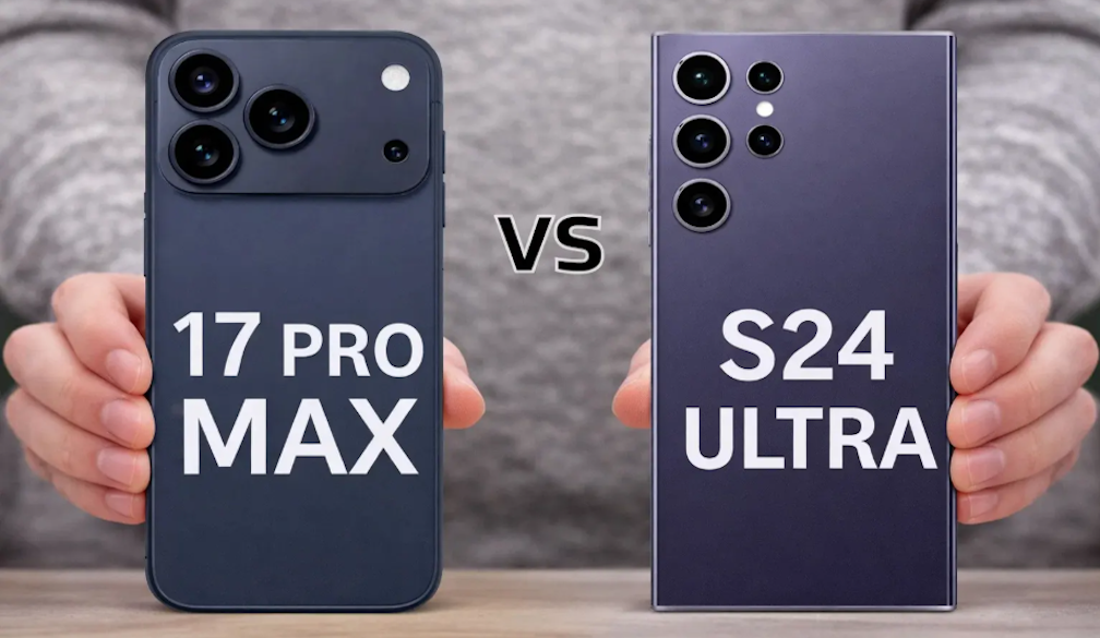 Samsung S24 Ultra vs iPhone 17 Pro Max comparison showing both smartphones held side by side highlighting trade-in upgrade decision
