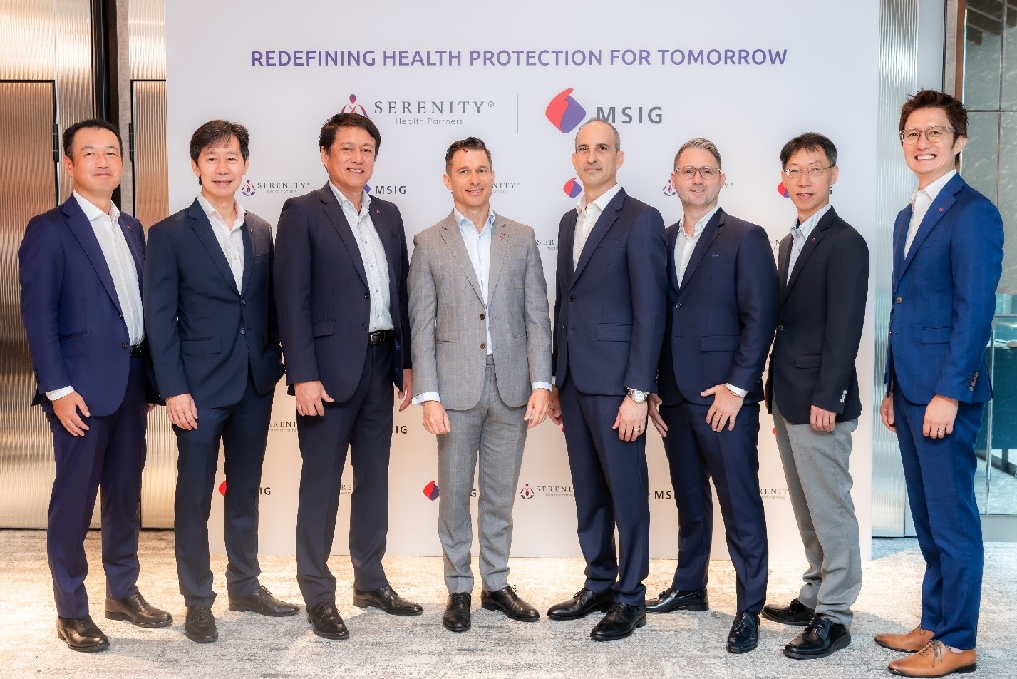 Above L-R Kensuke Unoki, MSIG Singapore Managing Director, Mack Eng, MSIG Singapore CEO, Tetsuya Adachi, MSIG Asia Chairman, Clemens Philippi, MSIG Asia CEO, Derek Goldberg and Jonathan James, Serenity Health Partners Co-founders, Taketoshi Tarumoto, MSIG Asia Executive Officer, and William Song, MSIG Asia Chief Technical Officer.