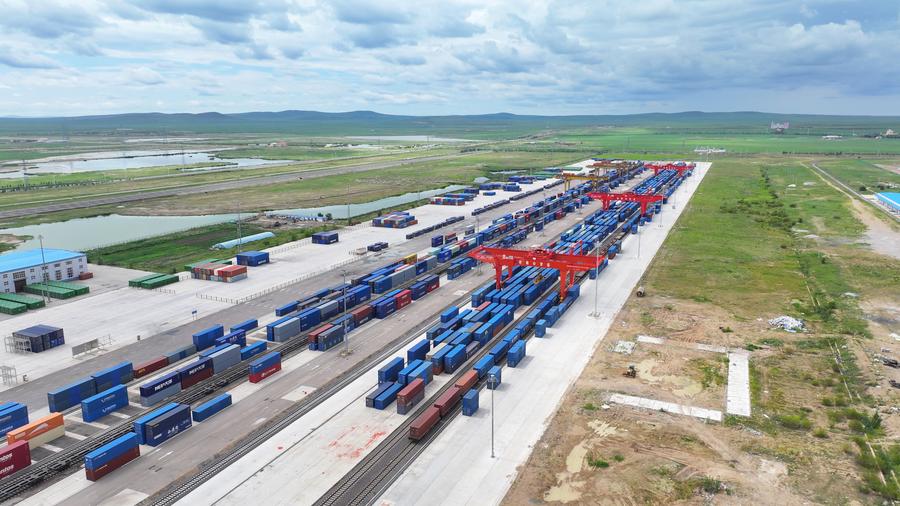 An aerial drone photo shows containers being loaded at Manzhouli Railway Port in north China