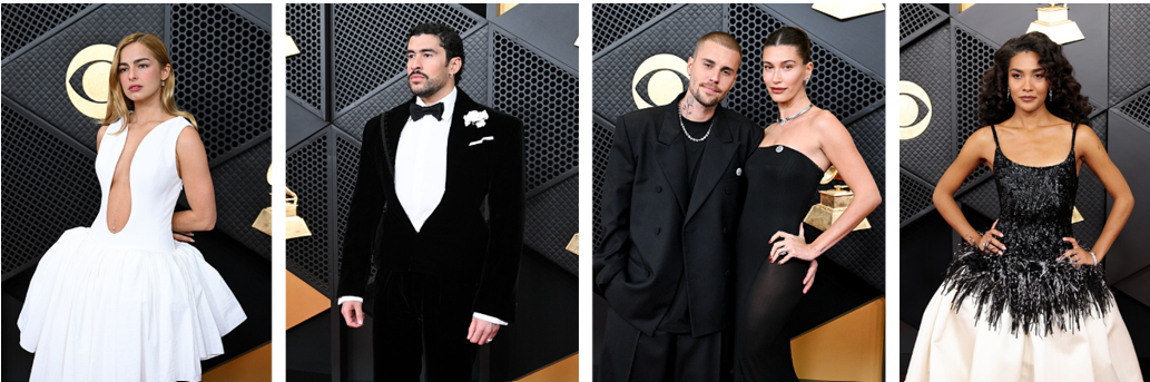 Natural diamonds take center stage on the red carpet at the Grammy Awards. From left to right: Addison Rae, Bad Bunny, Justin Bieber and Hailey Bieber, Olivia Dean