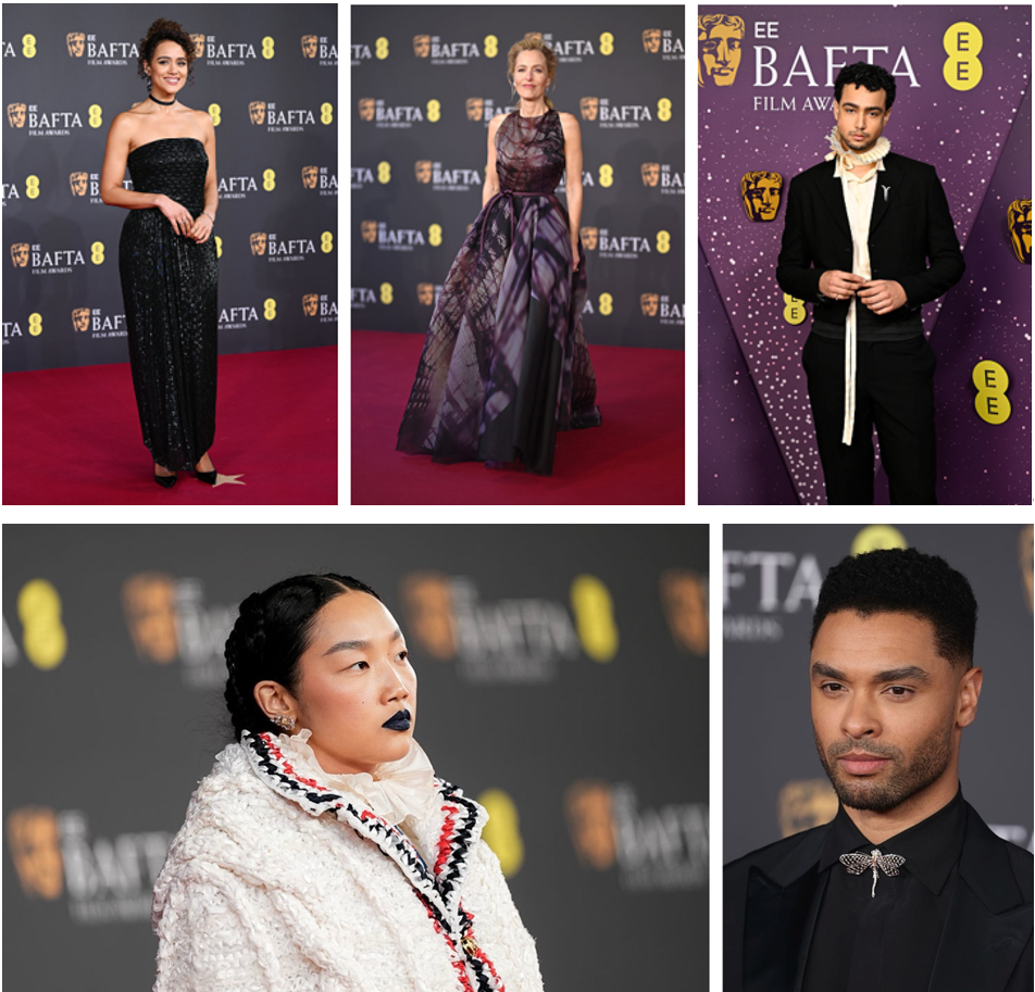 Desert diamond hues take centre stage on the red carpet at the 79th British Academy Film Awards. From top left to bottom right: Nathalie Emmanuel, Gillian Anderson, Archie Madekwe, Audrey Nuna, Regé-Jean Page
