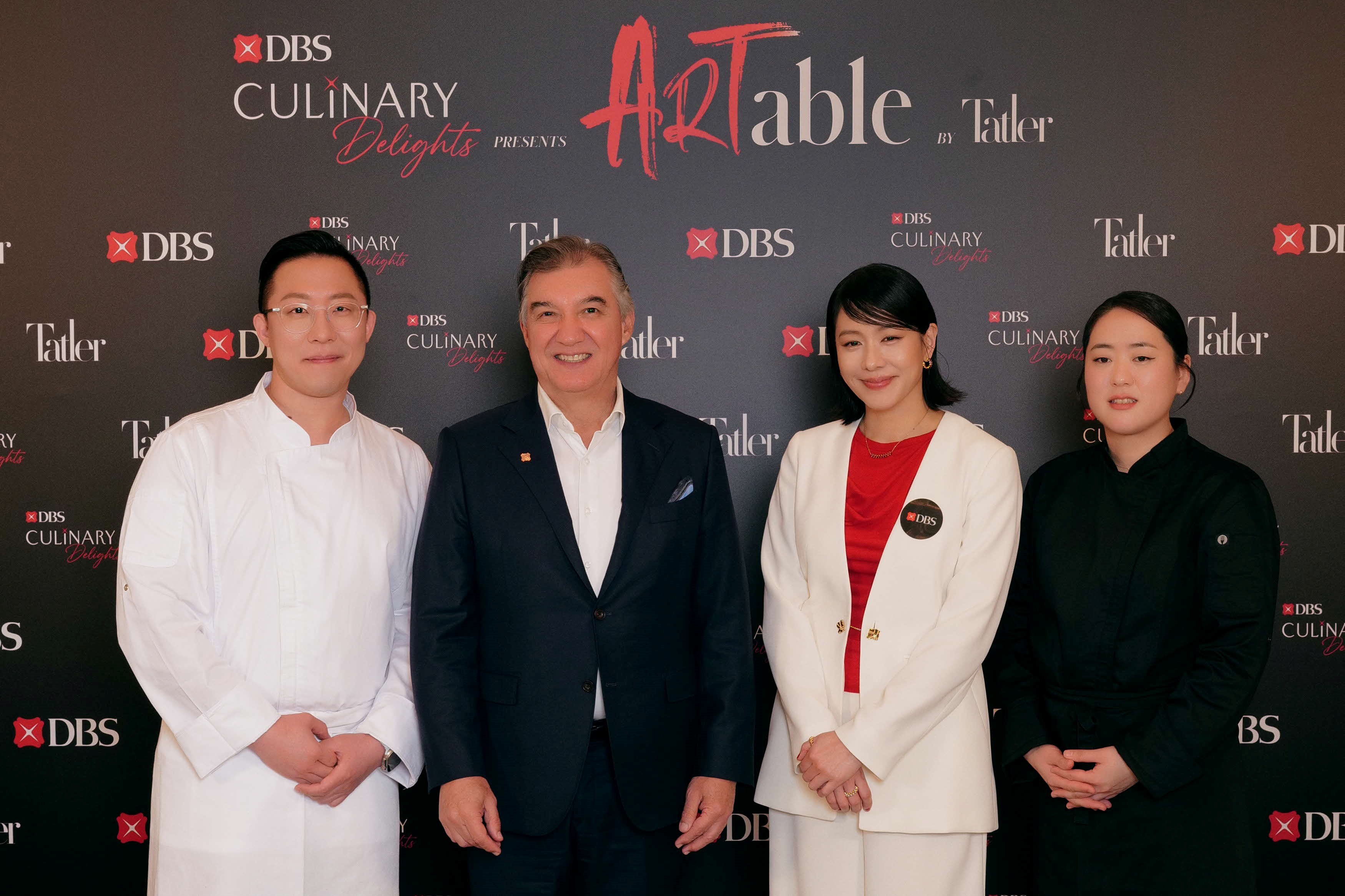 DBS Hong Kong today unveiled DBS ARTable 2026. (From left) Jun Lee, Executive Chef of SOIGNÉ; Sebastian Paredes, Head of North Asia and Chief Executive Officer of DBS Hong Kong; renowned actress Karena Lam; and Nara Yun, Owner & Chef of Yunjudang.