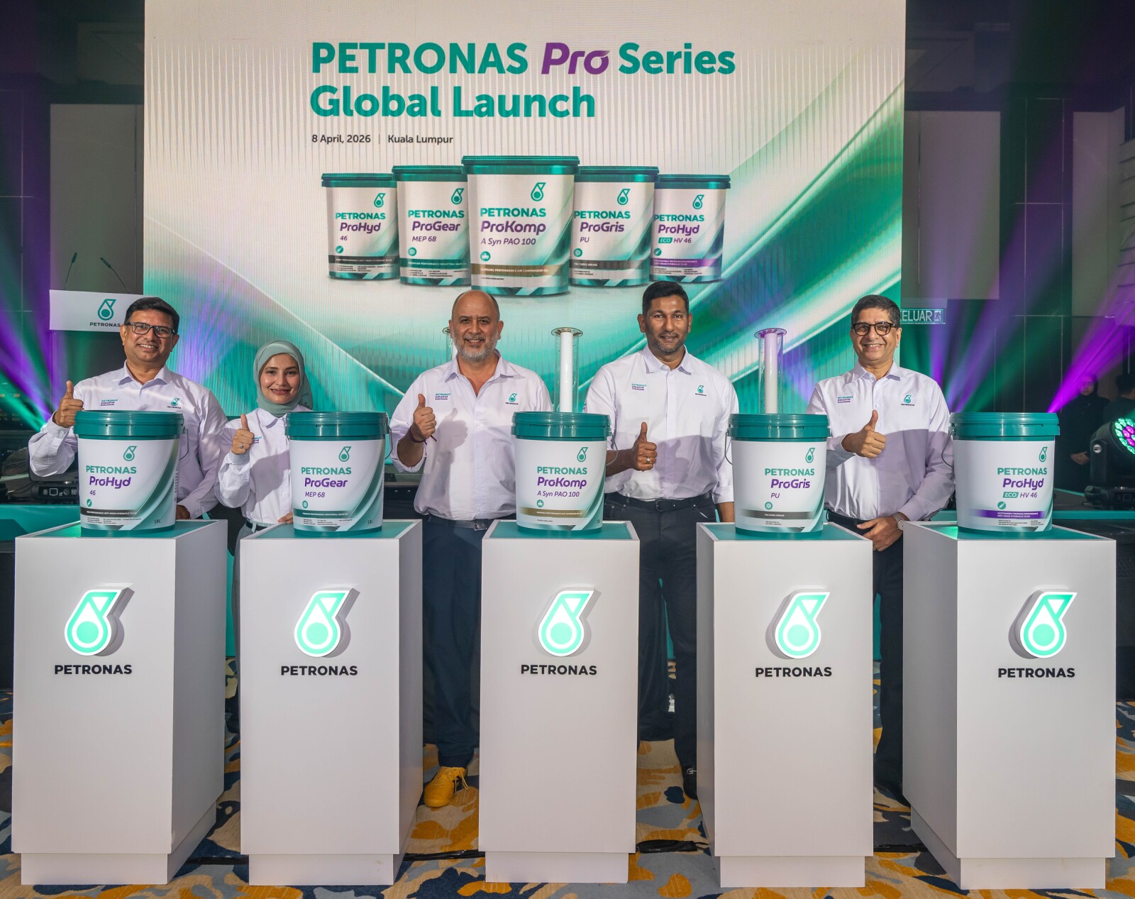 From L-R: Ravi Tallamraju, Group Chief Technology Officer, PETRONAS Lubricants International (PLI); Noorhana Habib, Regional Managing Director (Asia), PLI; Khalil Muri, Managing Director & Group CEO, PLI; Mohd Zameer Zahur Hussain, Chief Executive Officer, PETRONAS Lubricant Marketing (Malaysia); Udaya Kumar, Group Industrial Managing Director, PLI